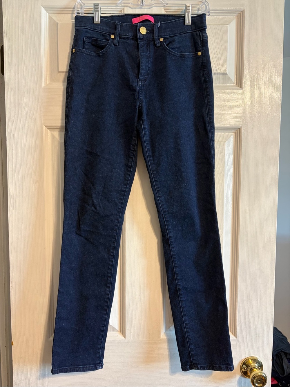 Lilly Pulitzer Jeans Size 4 Blue Dark Wash Skinny Stretch Gold Button Logo